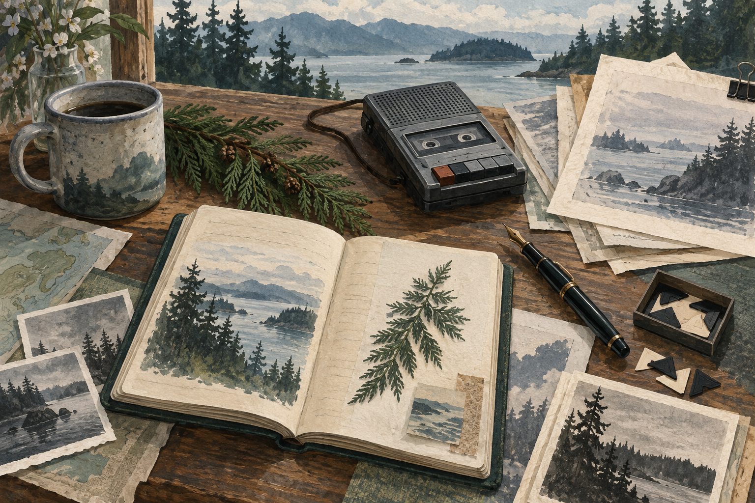 An interview notebook, recorder, photographs, and evergreen bough on a coastal work table