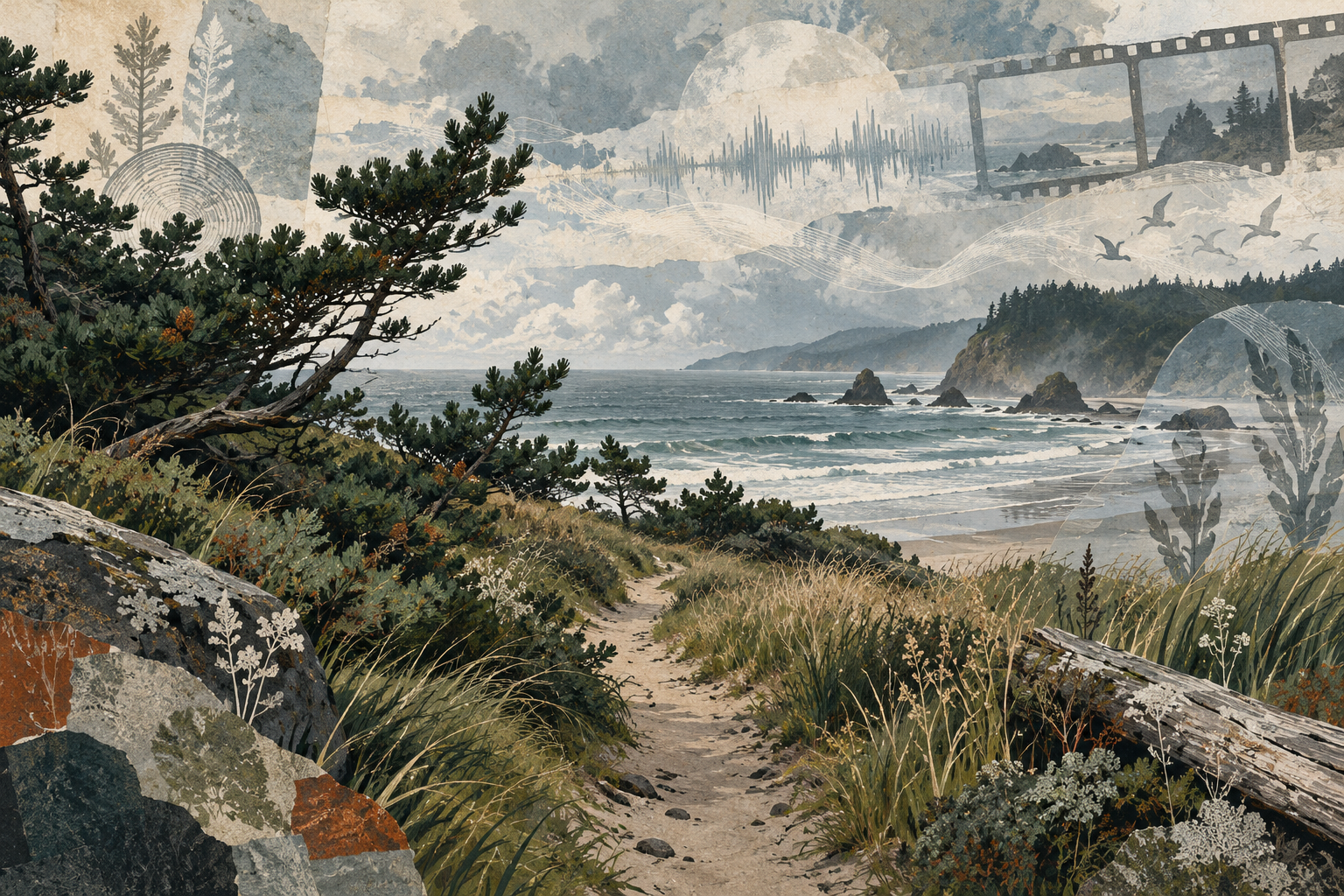 A layered Oregon coast scene with film frames, waveforms, forest, and shoreline