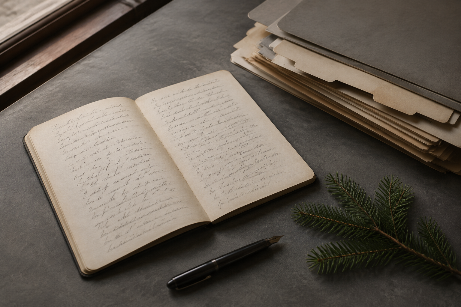 An open interview notebook beside archival folders and a fountain pen